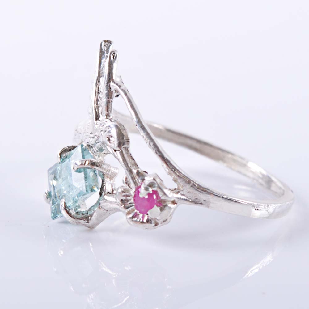 Sterling Silver Hummingbird Tourmaline and Ruby Ring