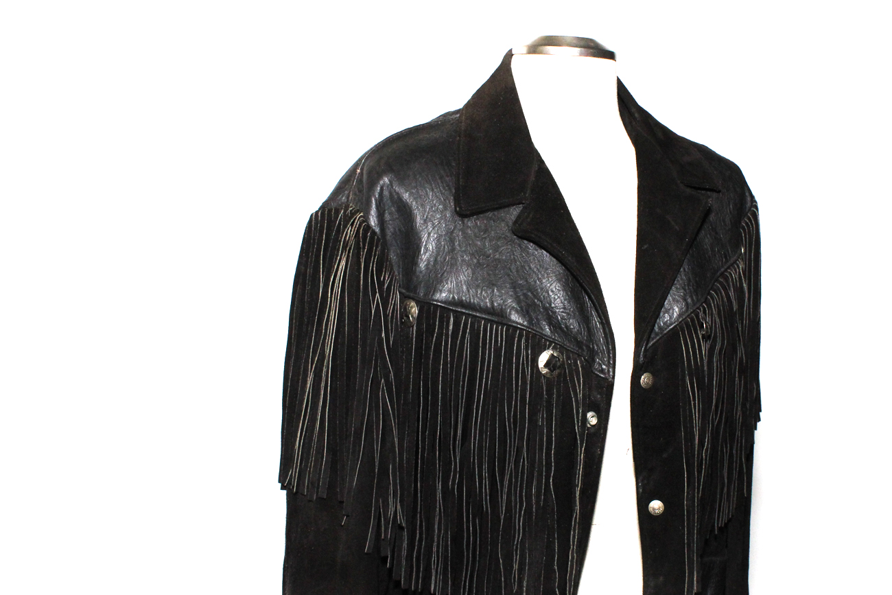 1970s Schott "Western" Black Leather Fringe Jacket With Hand Tooled Details