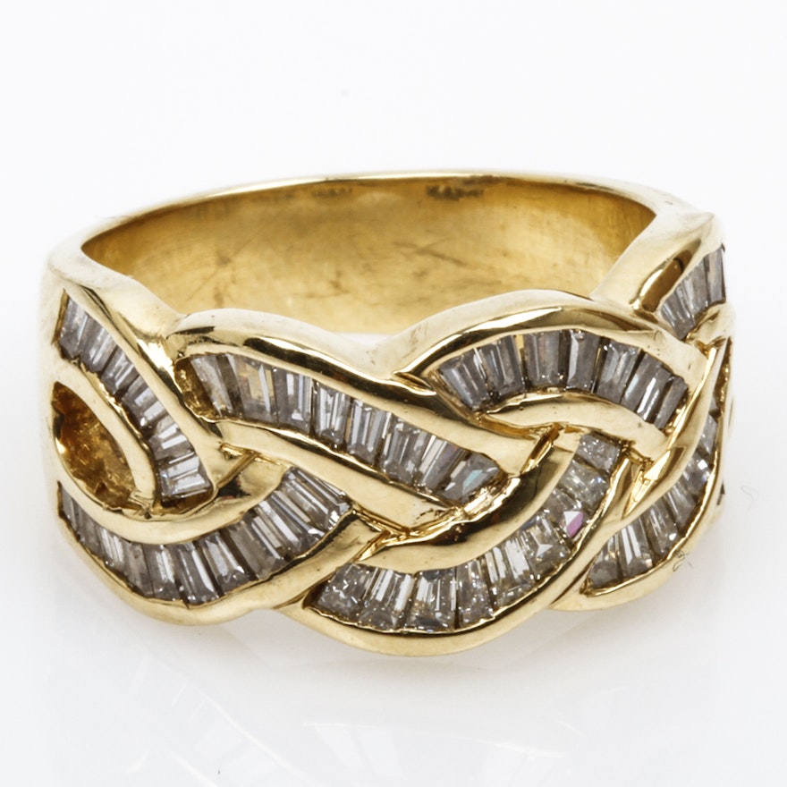 18K Yellow Gold and 2.20 CTW Baguette Diamond Crossover Ring