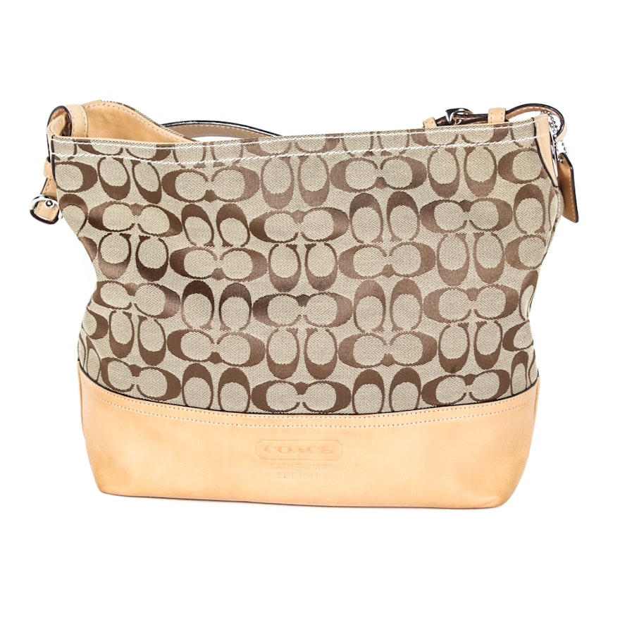 Coach Monogram Print Leather Trimmed Shoulder Bag