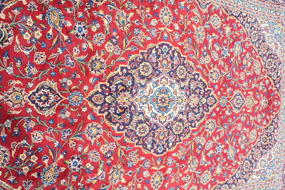 Antique Hand-Knotted Persian Shadsar Kashan Room Size Rug