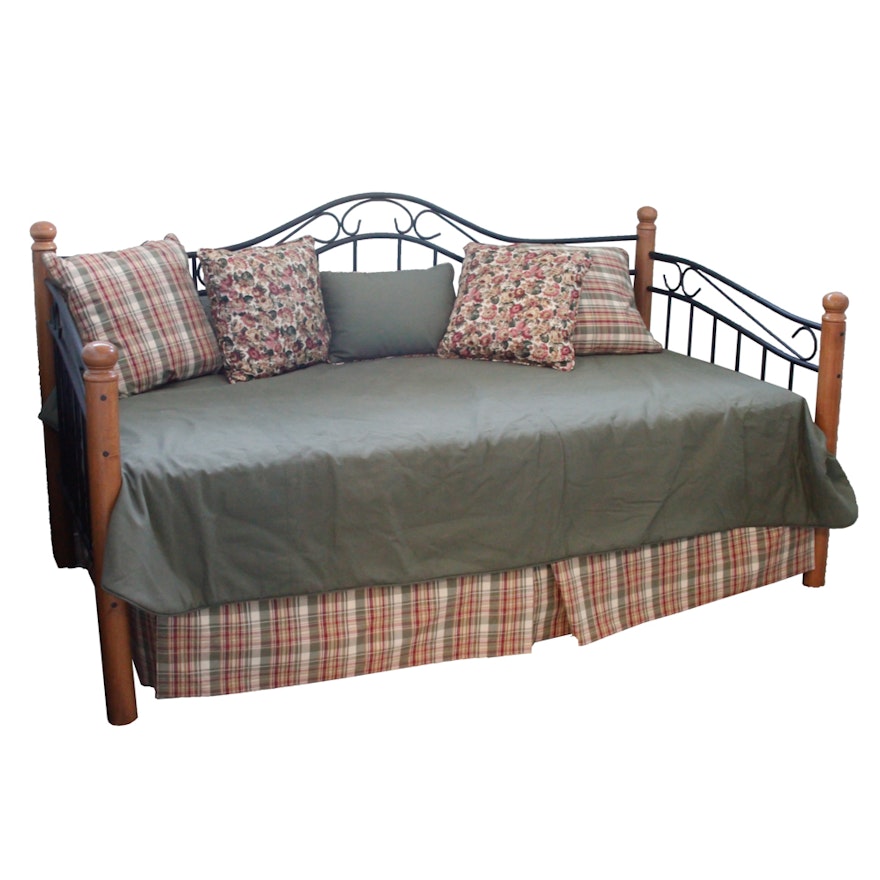 Twin Size Wood and Iron Daybed with Trundle and Mattresses