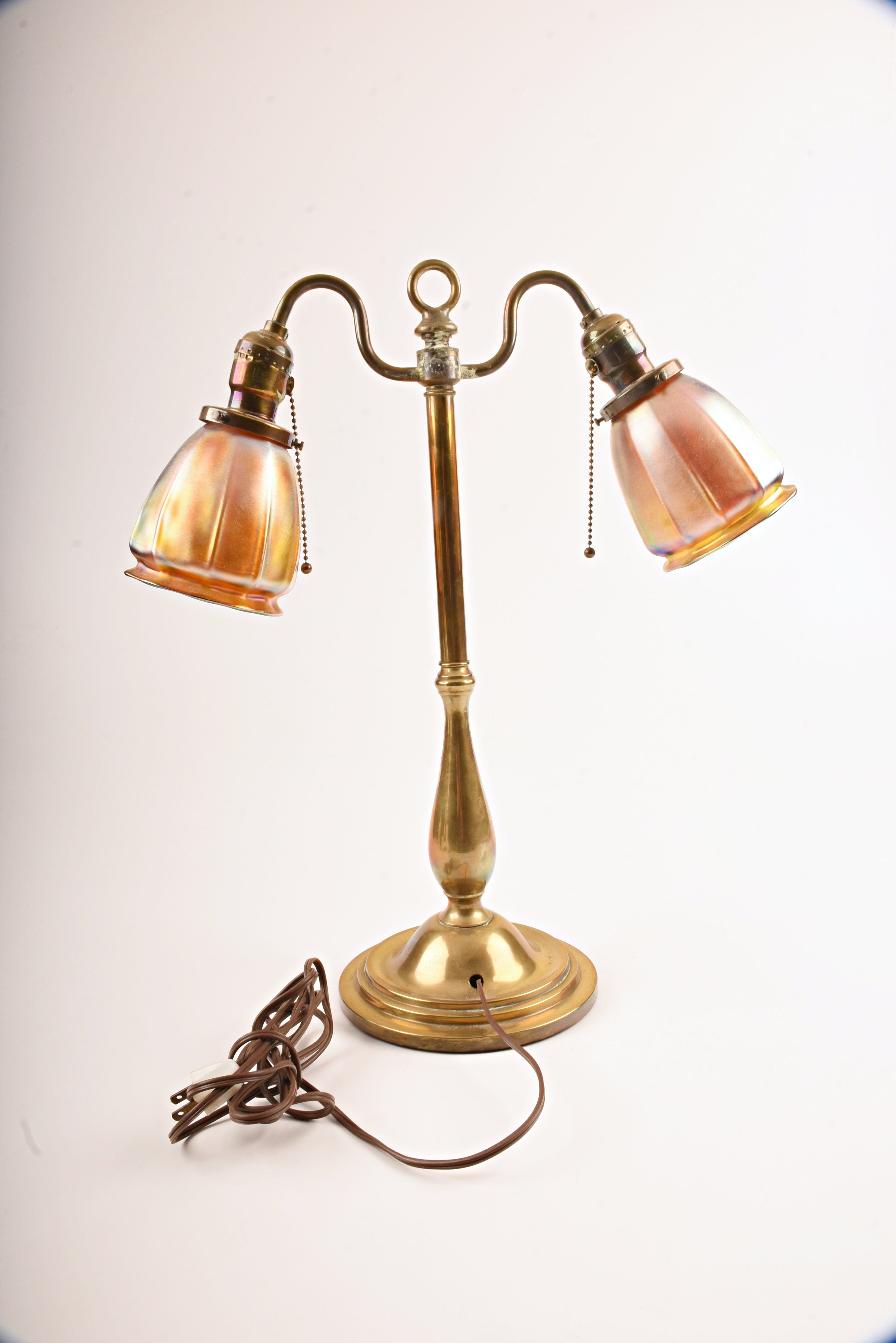 Brass Desk Lamp With Quezal Shades