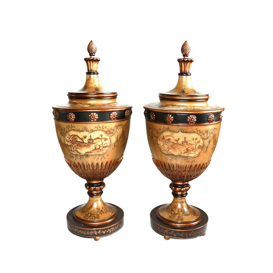 Pair of Large Painted Urn Style Jars