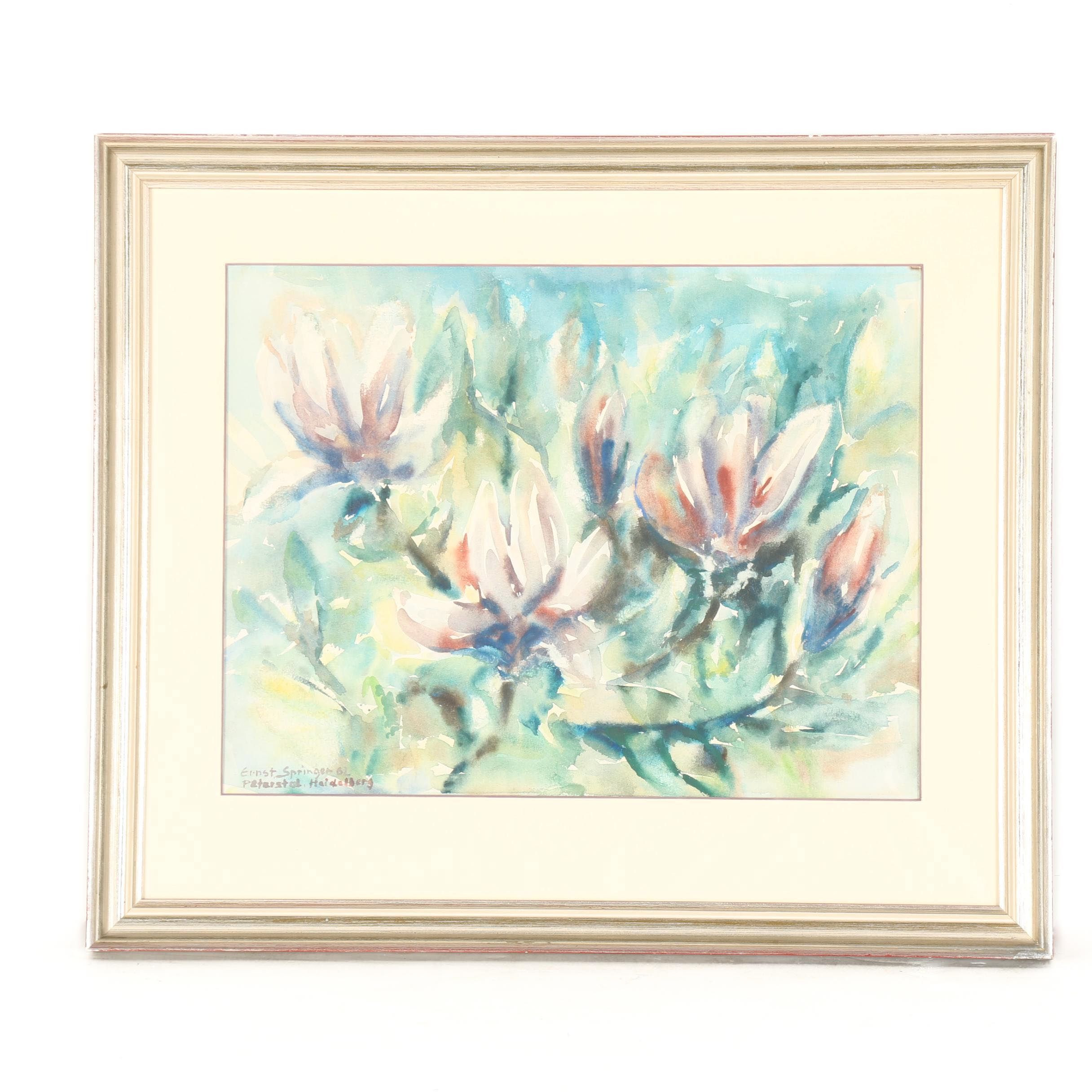 Ernst Springer 1960s Floral Watercolor on Paper