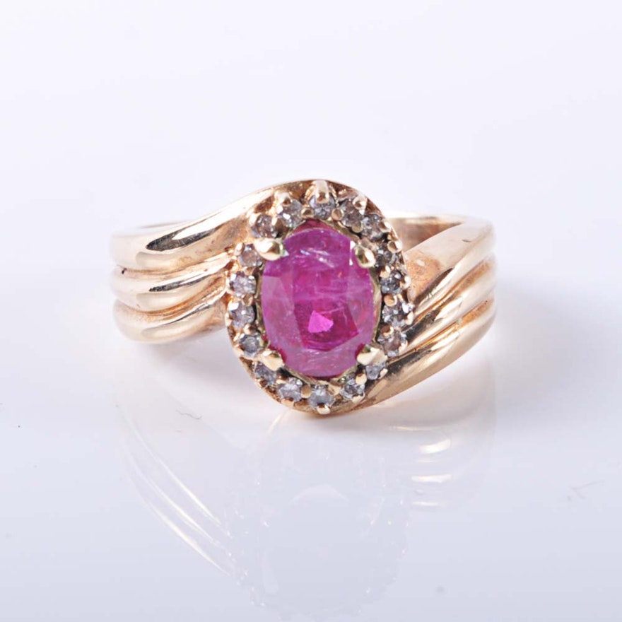 14K Yellow Gold 1.68 Carat Ruby and Diamond Halo Ring