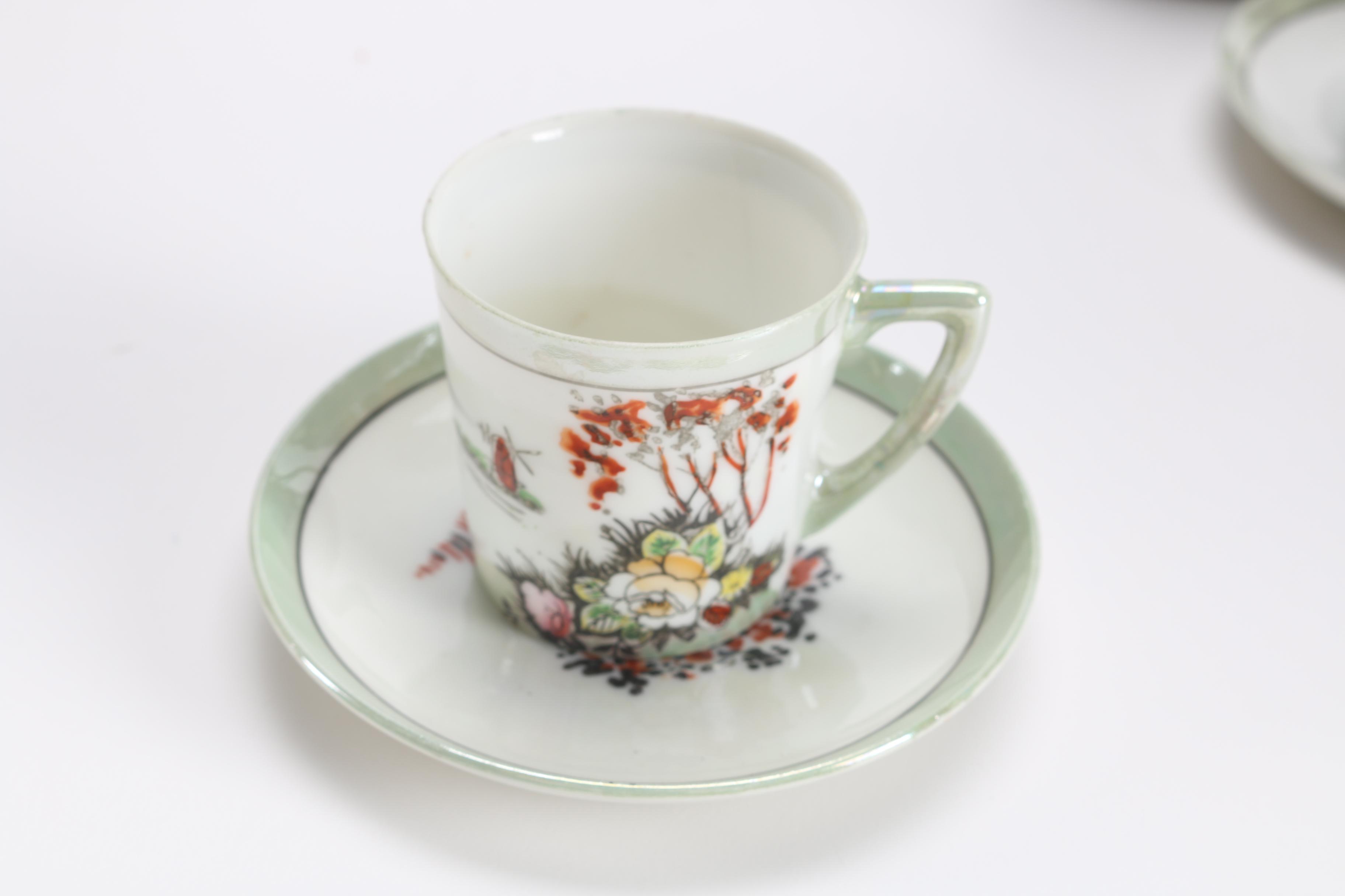 Japanese Hand-Painted Porcelain Coffee Pot and Cups