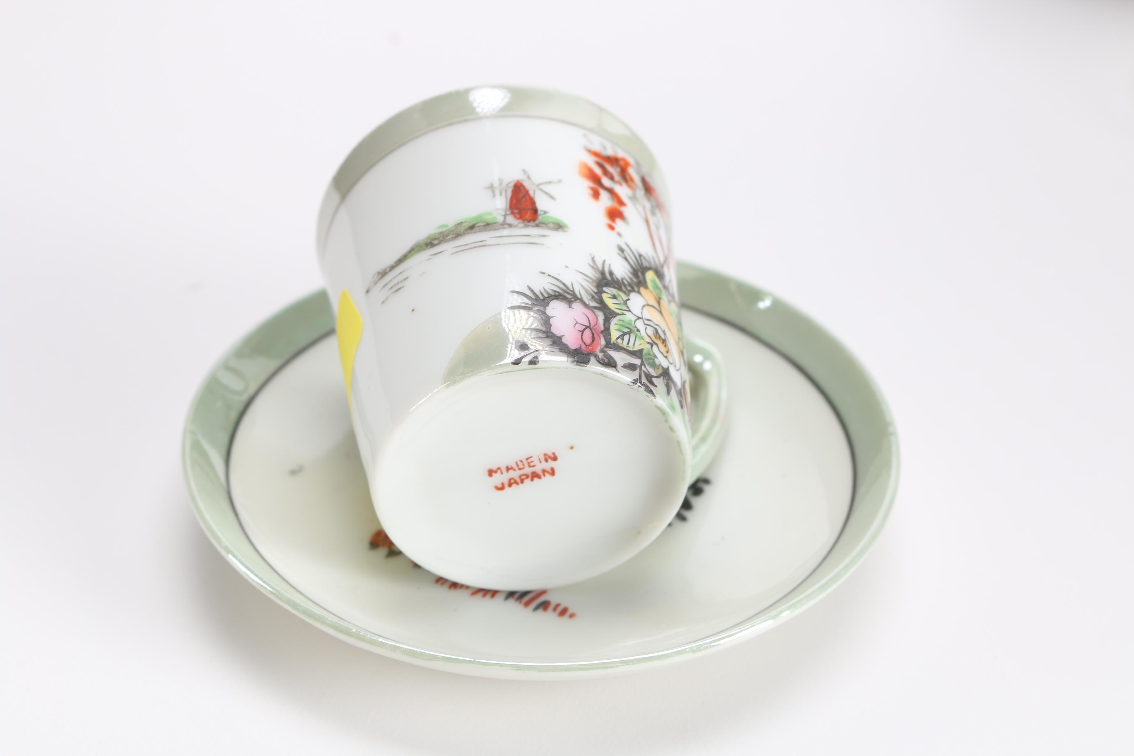 Japanese Hand-Painted Porcelain Coffee Pot and Cups