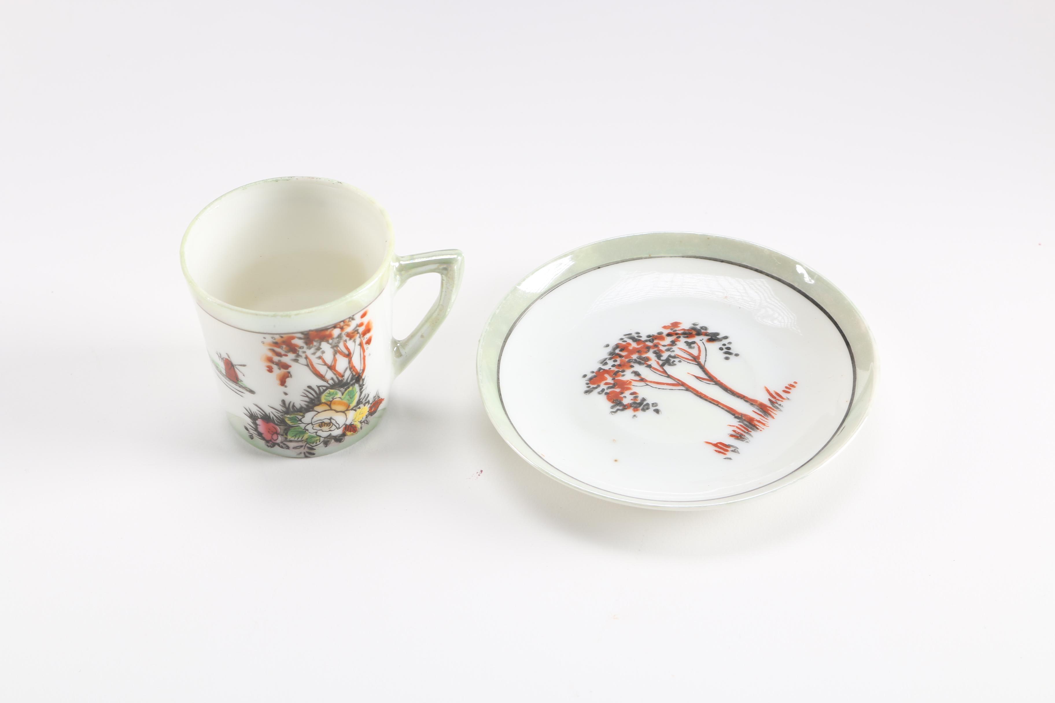 Japanese Hand-Painted Porcelain Coffee Pot and Cups