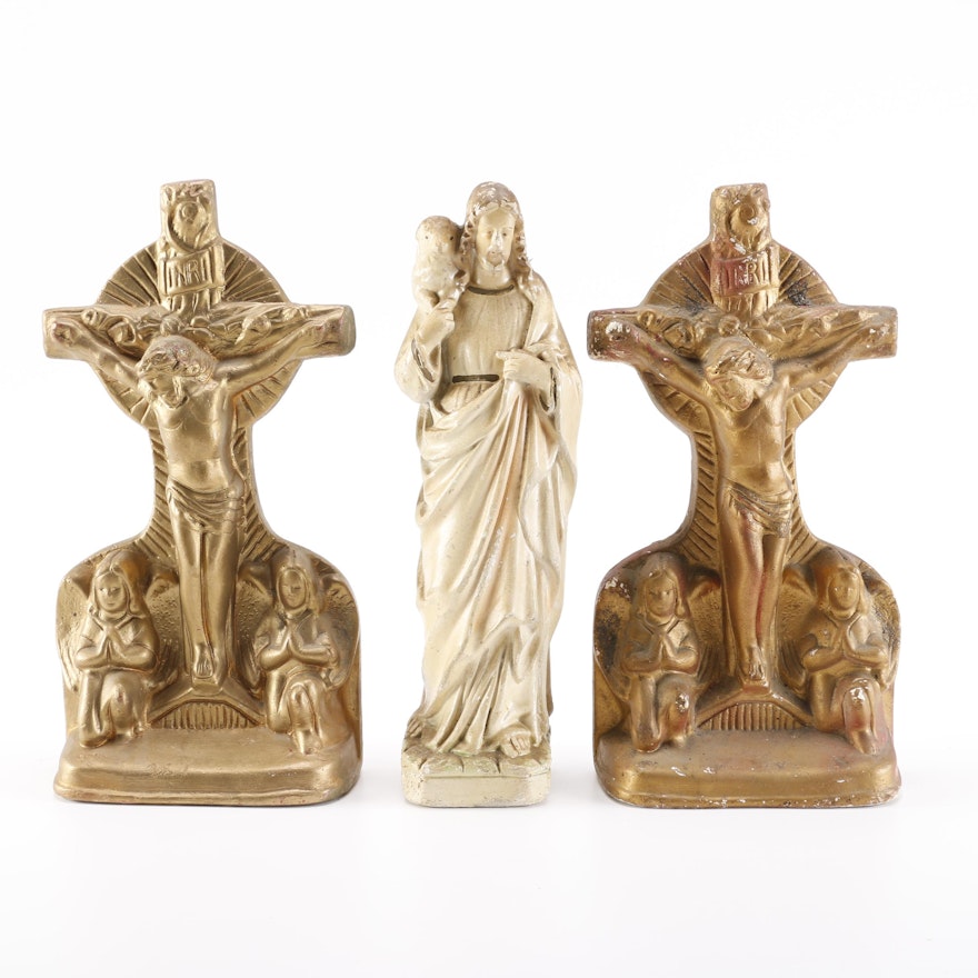 Jesus Christ Ceramic Figurine and Crucifix Bookends