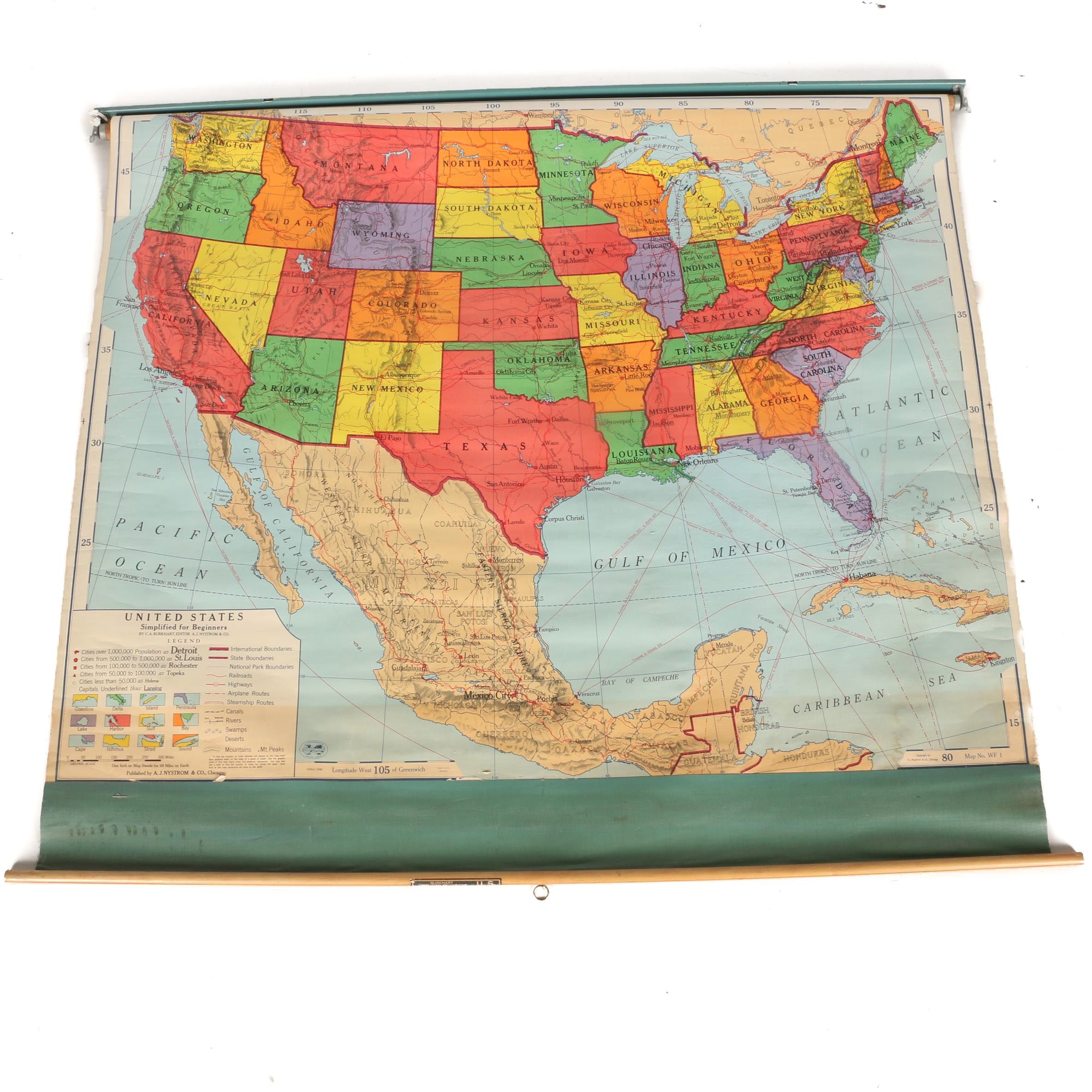 1956 Classroom Map of United States by A.J. Nystrom & Co.