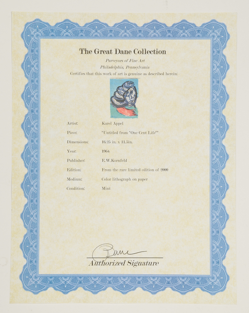 Karel Appel Limited Edition Lithograph from "One Cent Life" Portfolio