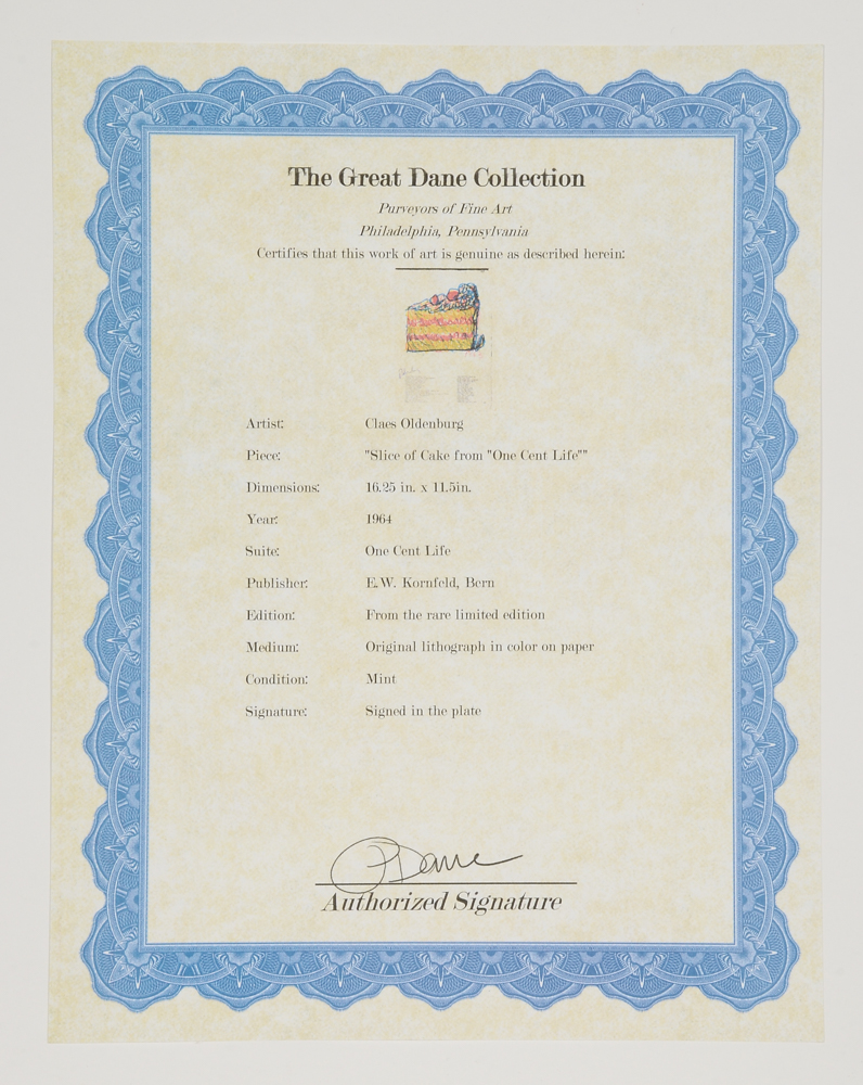 Claes Oldenburg Signed Lithograph "Slice of Cake" from the "One Cent Life" Portfolio