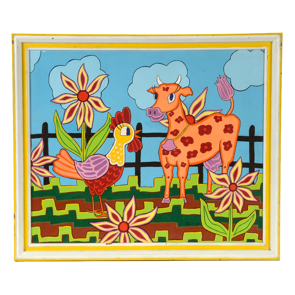 Price Signed 1975 Acrylic Folk Art Illustration on Canvas Board