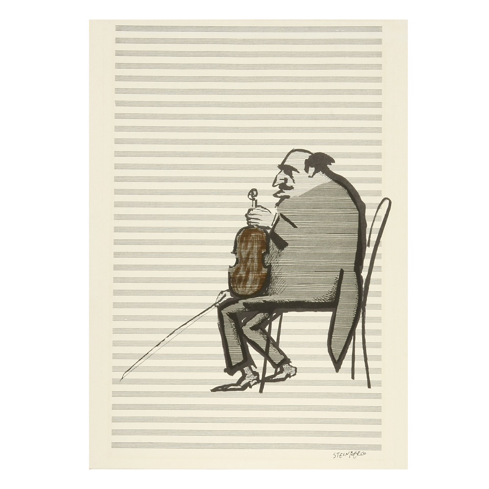 Original 1960s "Derrière le Miroir" Double-sided Lithograph after Saul Steinberg Drawings "The Violinst" & "Train Station"