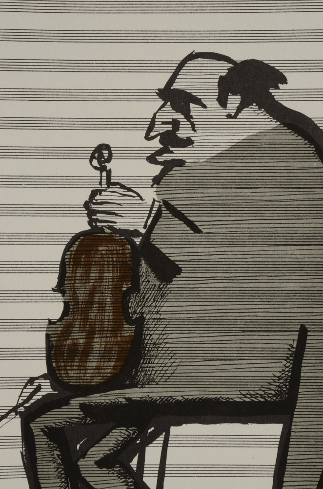 Original 1960s "Derrière le Miroir" Double-sided Lithograph after Saul Steinberg Drawings "The Violinst" & "Train Station"