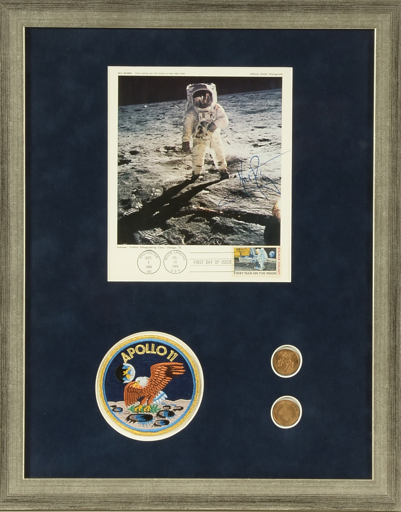 Framed Display of 1969 Neil Armstrong Autograph with COA and other Official NASA Collectibles