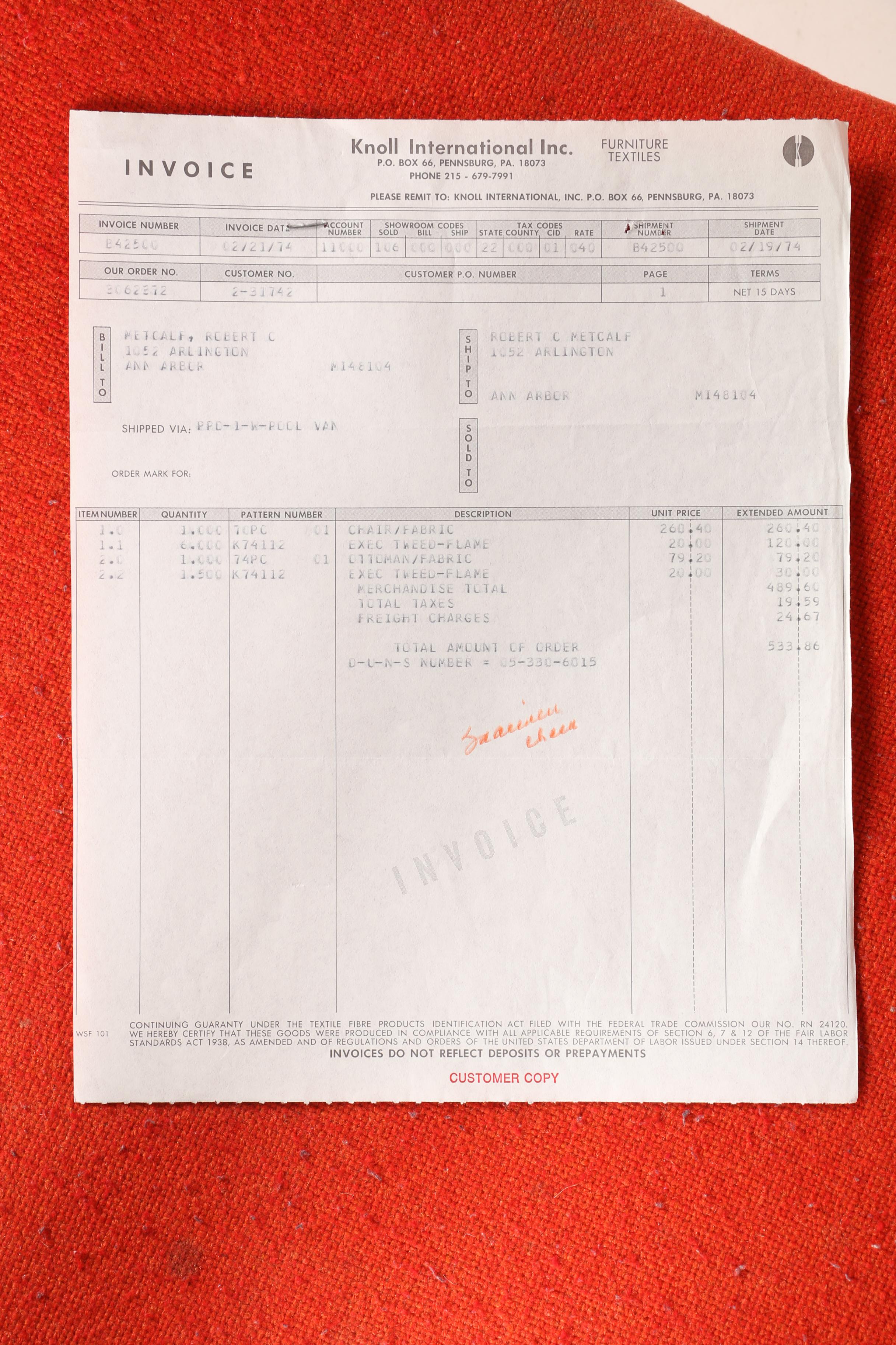 Mid Century Modern "Womb" Chair and Ottoman by Eero Saarinen for Knoll With Provenance