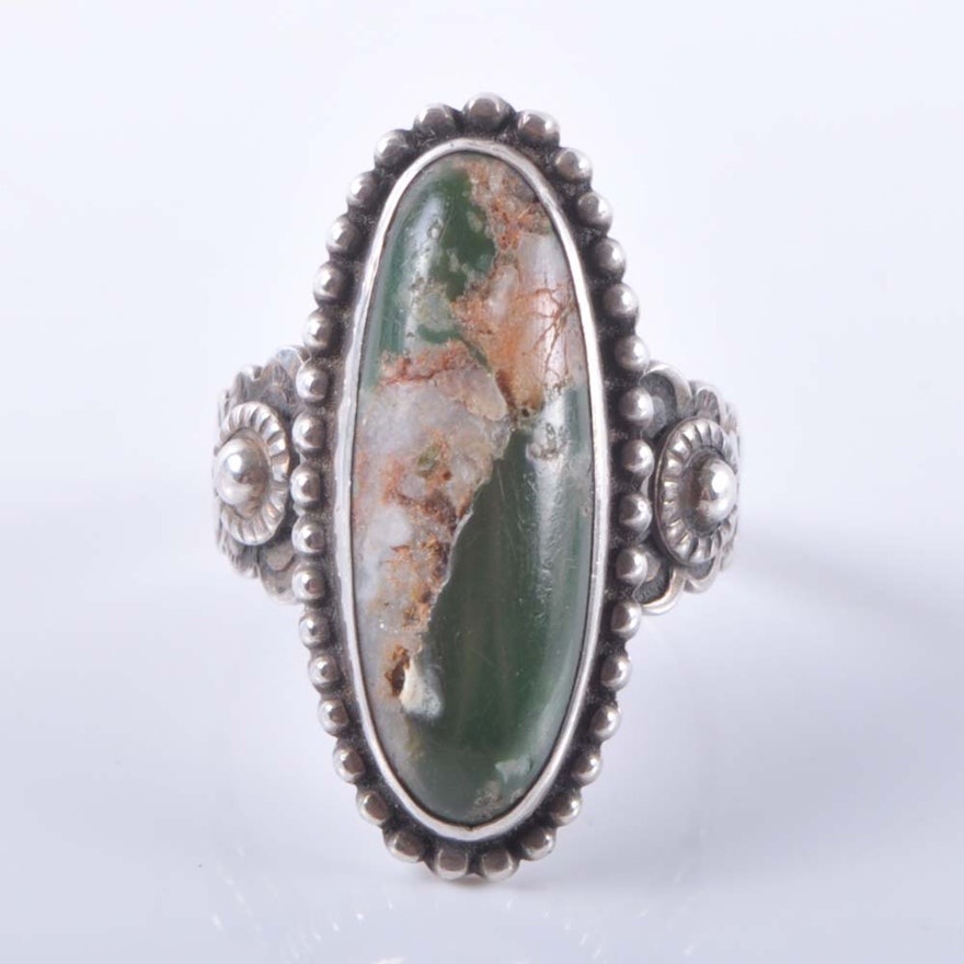 Sterling Silver Green and Mottled Stone Ring