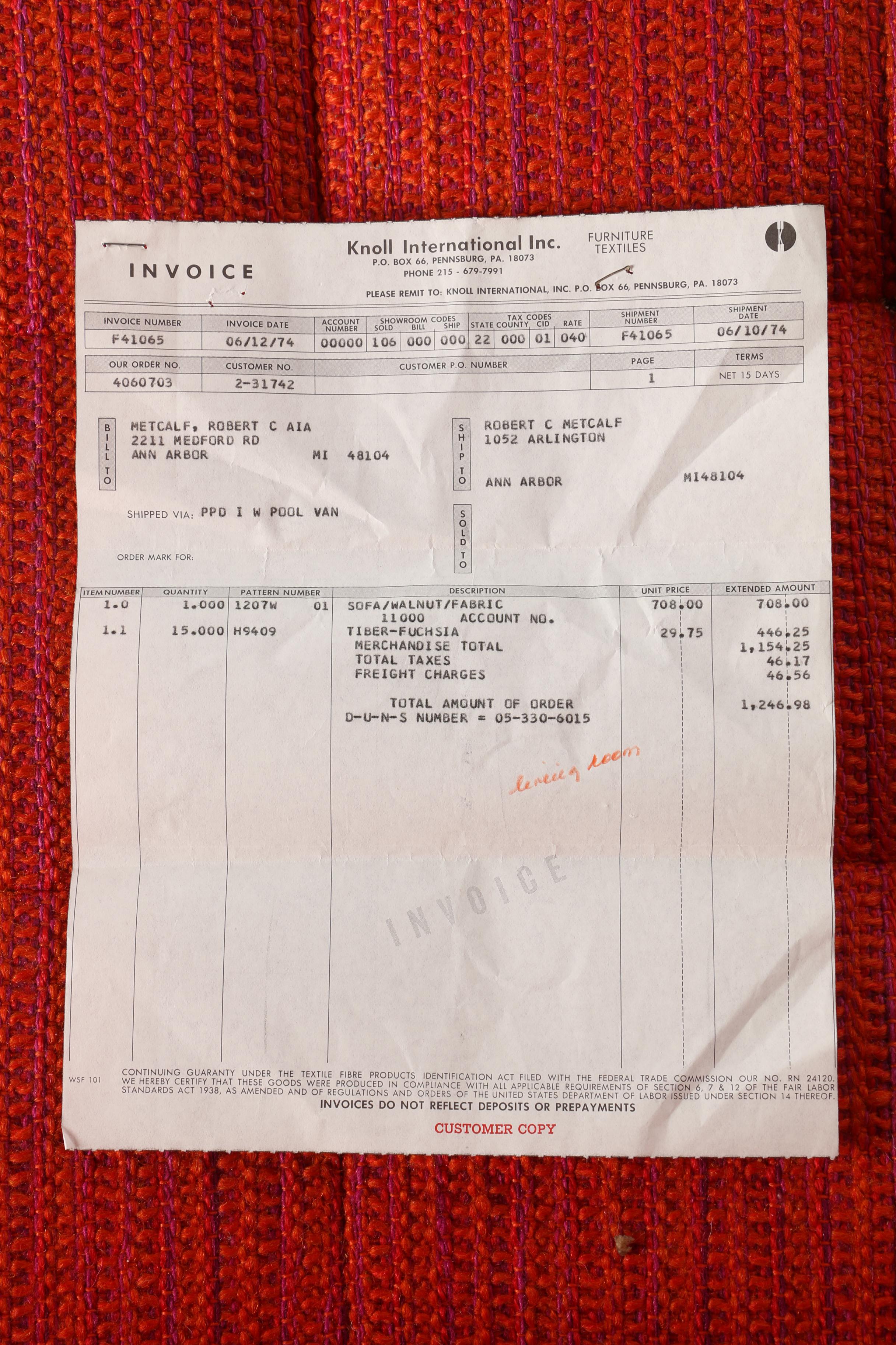 Vintage Modernist "1207" Sofa by Florence Knoll for Knoll International With Provenance