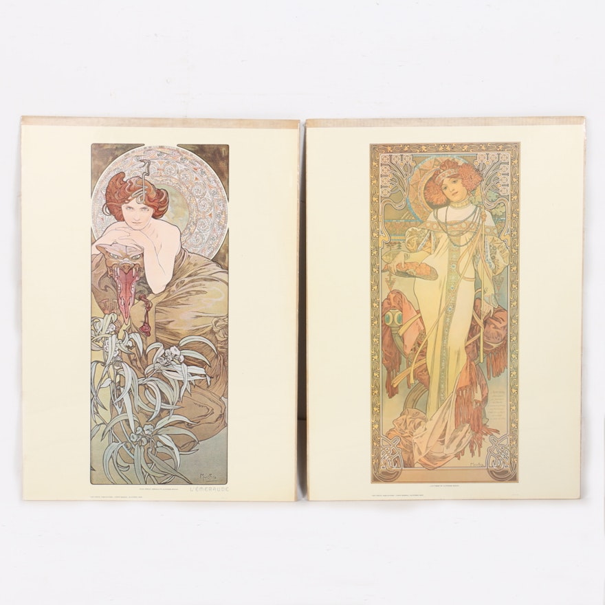 After Alphonse Mucha Offset Lithographs "L'Automne" and "Four Jewels: Emerald"