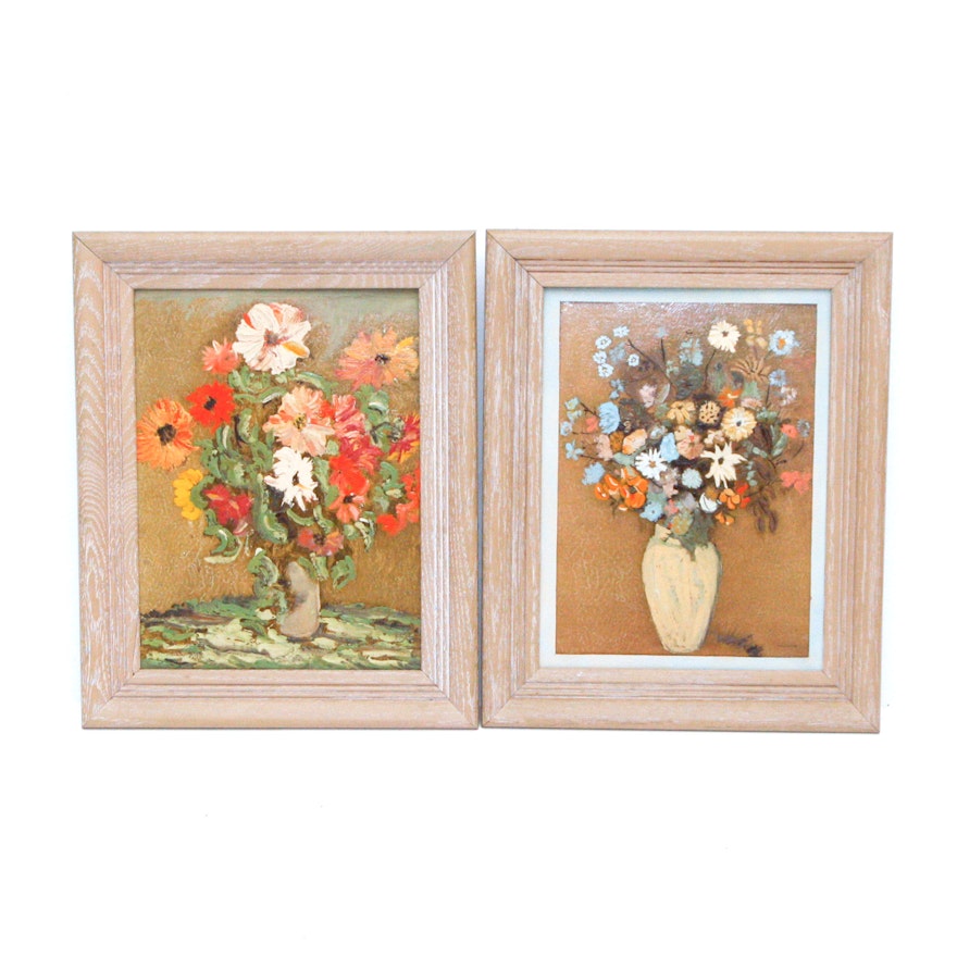 Pair of Hand-Embellished Framed Floral Still Life Prints