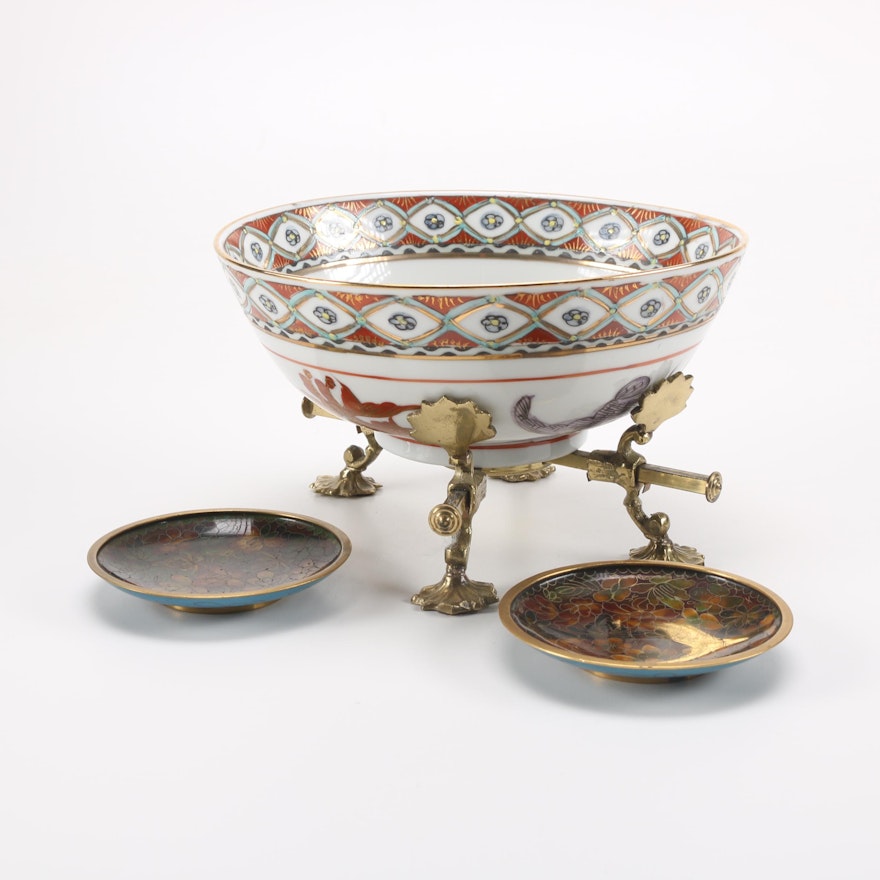 Chinese Porcelain Bowl With Brass Stand and Cloisonné Dishes