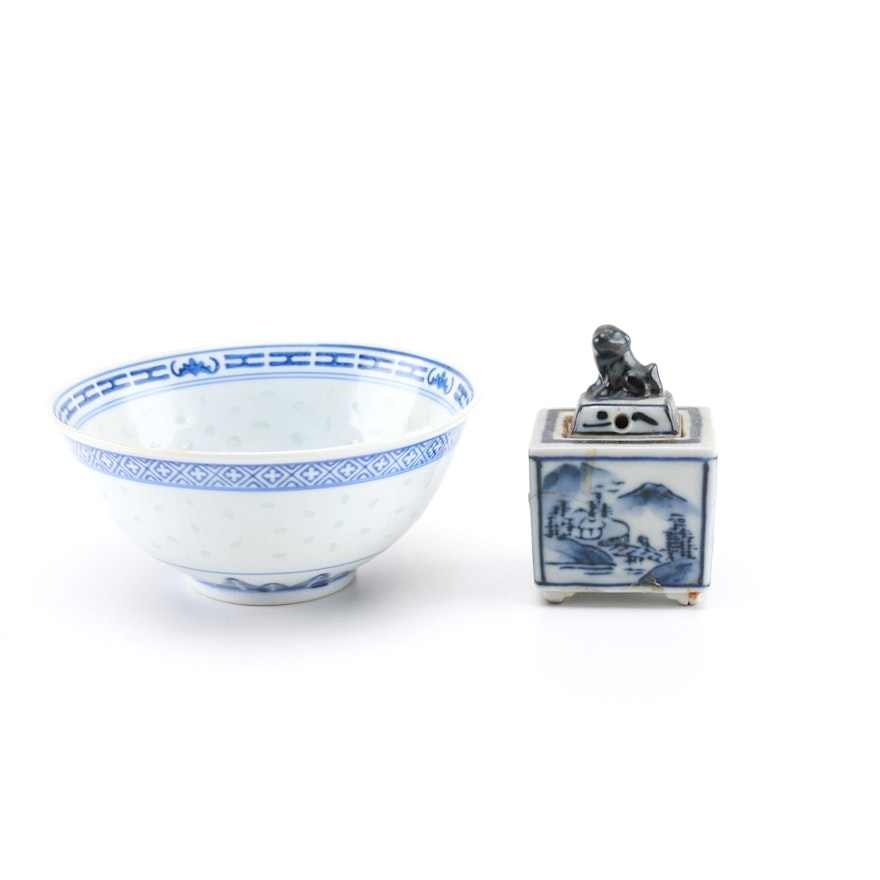 Chinese Blue and White Porcelain Bowl and Box