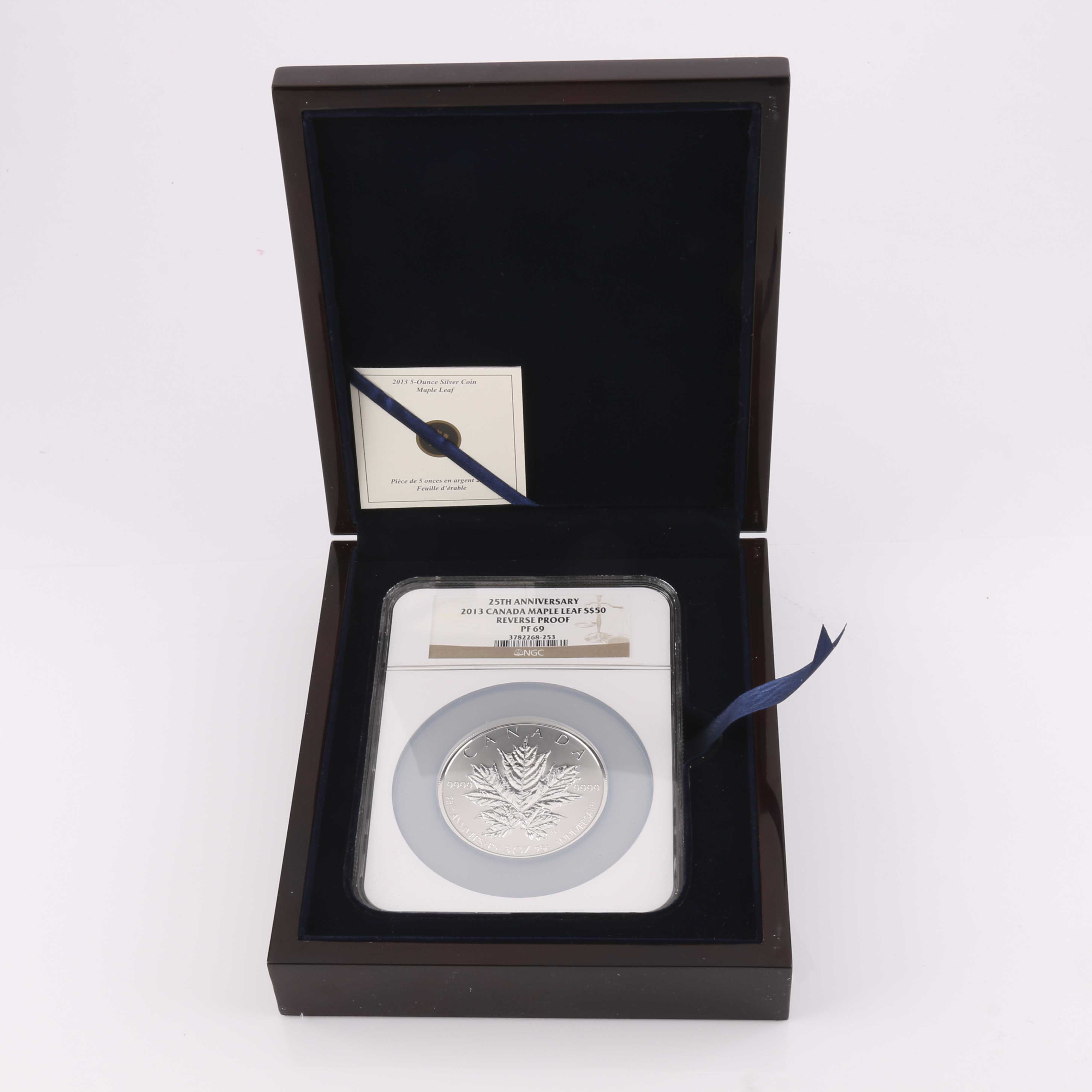Encapsulated and Graded PF69 (by NGC) 2013 Canadian Fifty Dollar Five Ounce Silver Coin