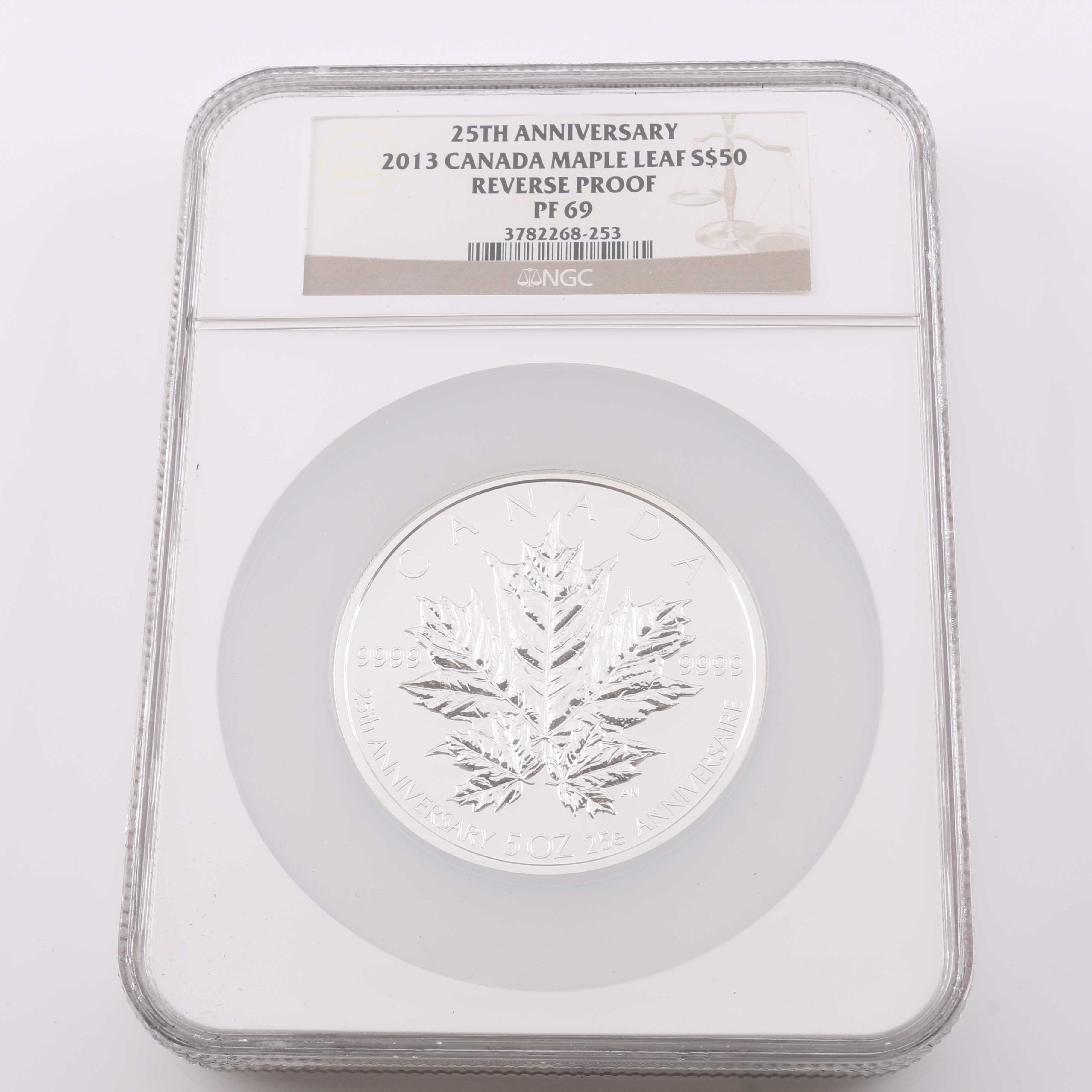 Encapsulated and Graded PF69 (by NGC) 2013 Canadian Fifty Dollar Five Ounce Silver Coin