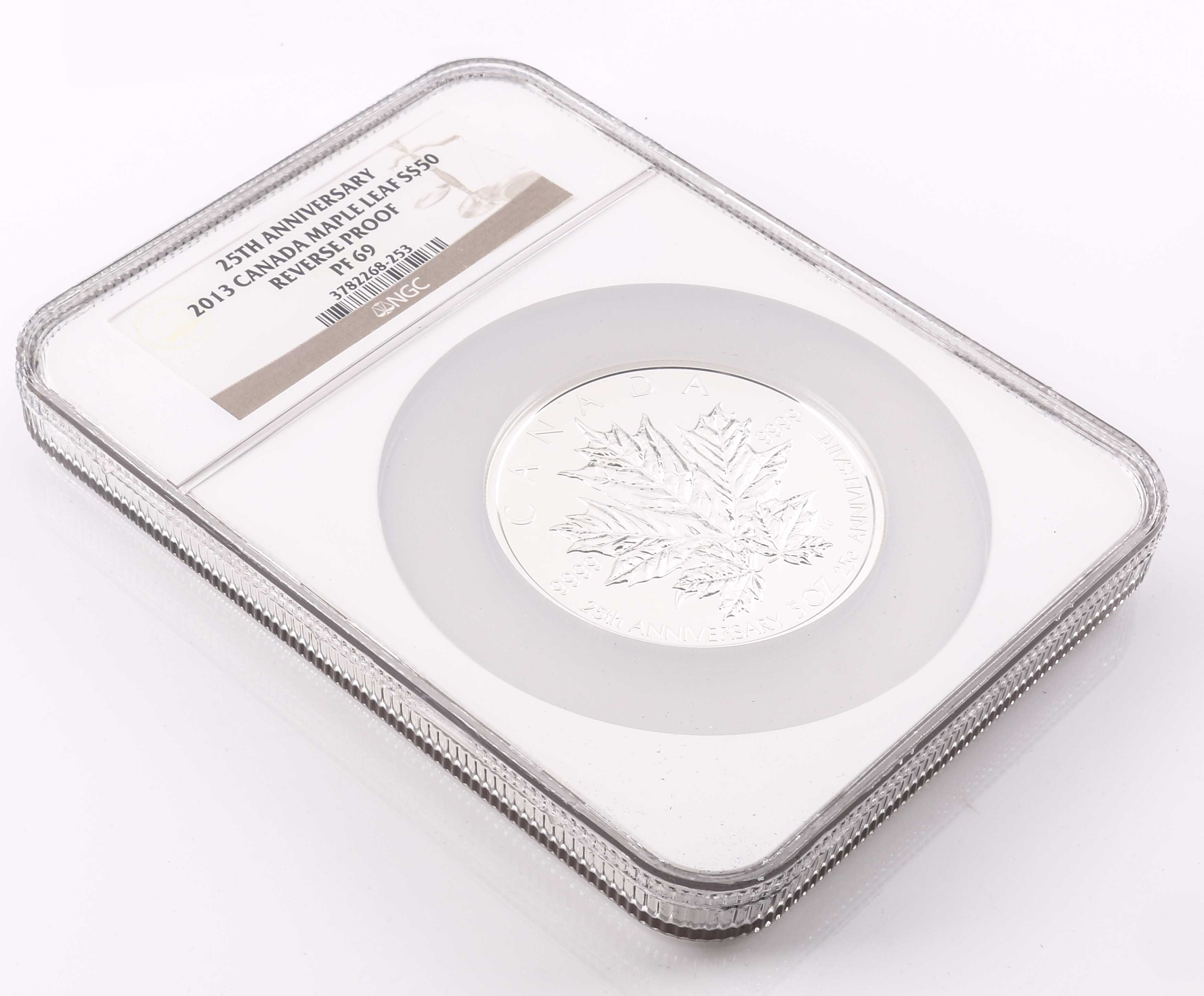 Encapsulated and Graded PF69 (by NGC) 2013 Canadian Fifty Dollar Five Ounce Silver Coin