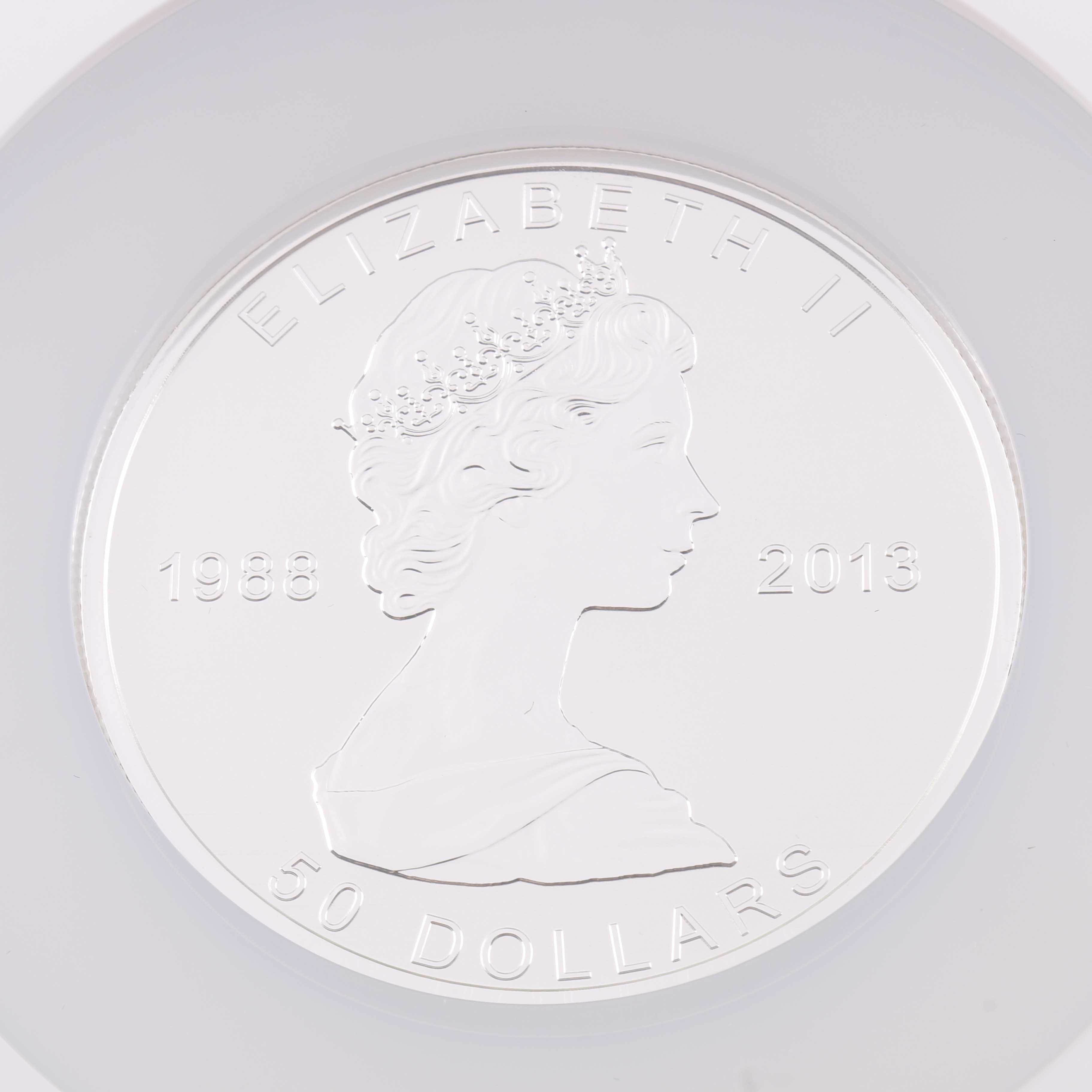 Encapsulated and Graded PF69 (by NGC) 2013 Canadian Fifty Dollar Five Ounce Silver Coin