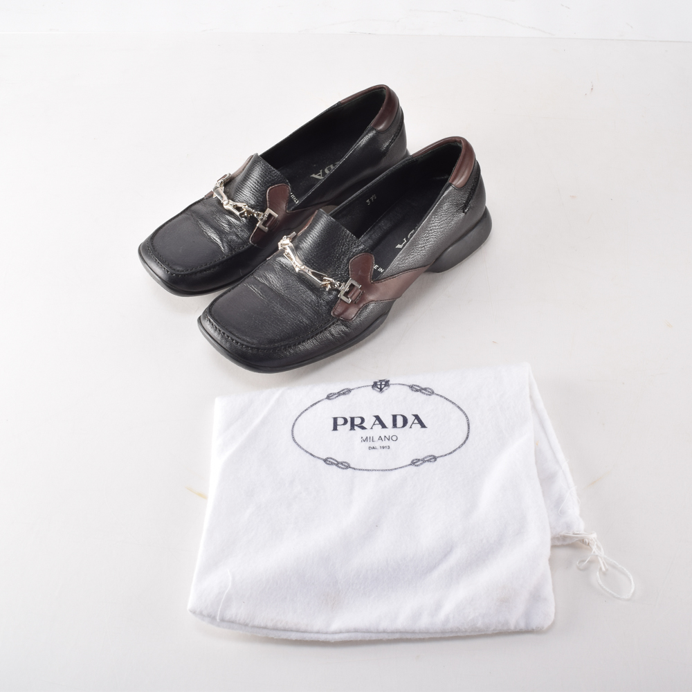 Prada Black and Brown Leather Loafers