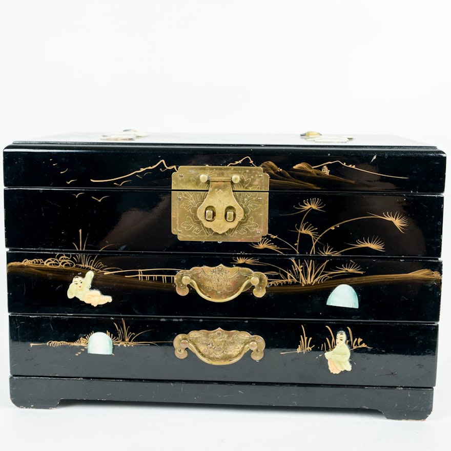 Chinese Black Lacquer Ware Mother of Pearl Jewelry Box