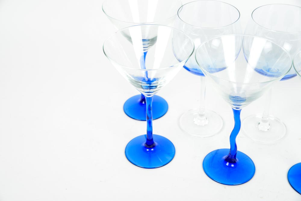 Set of Blue and Clear Martini Glasses and Wine Glasses
