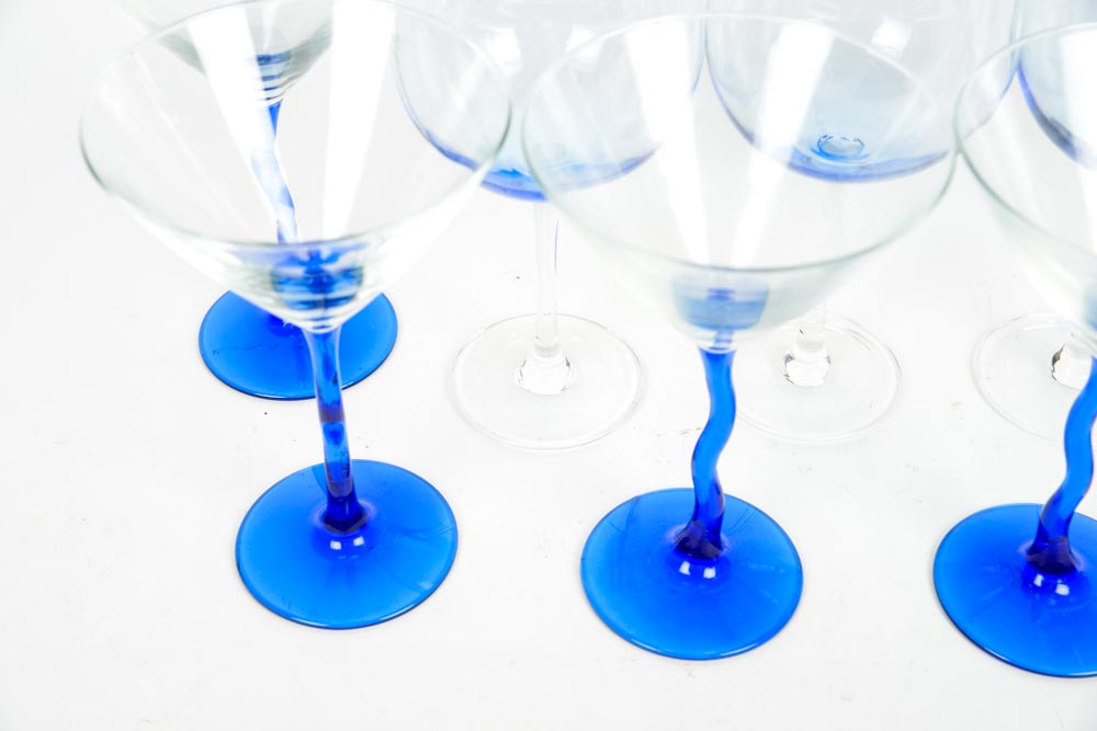 Set of Blue and Clear Martini Glasses and Wine Glasses