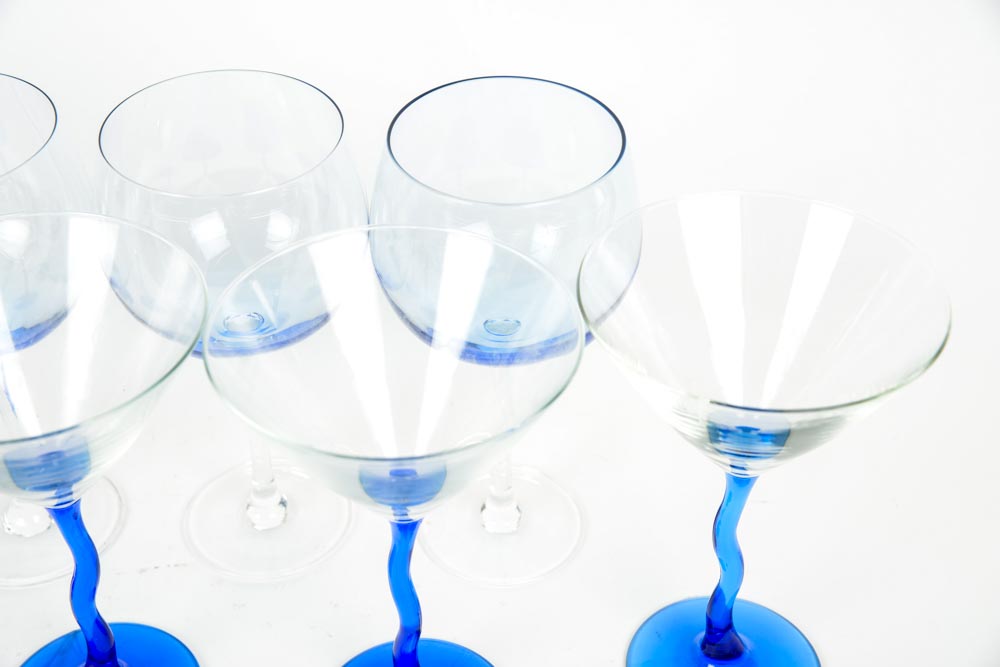 Set of Blue and Clear Martini Glasses and Wine Glasses