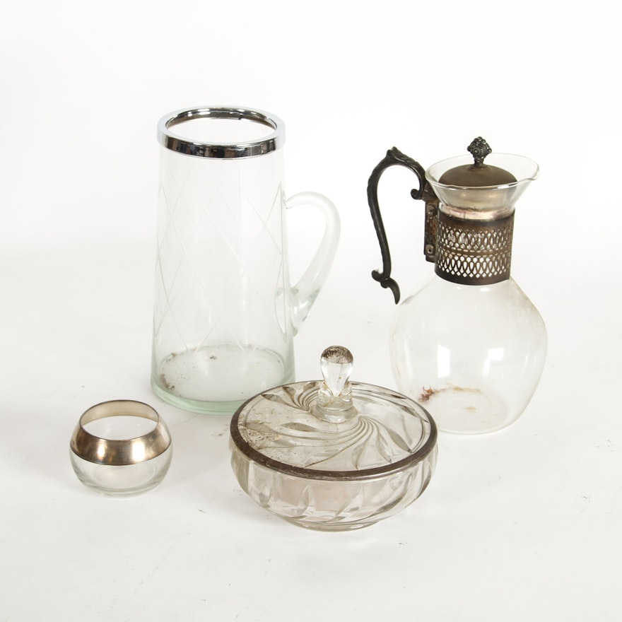 Collection of Vintage Glassware with Silver Plate Rims