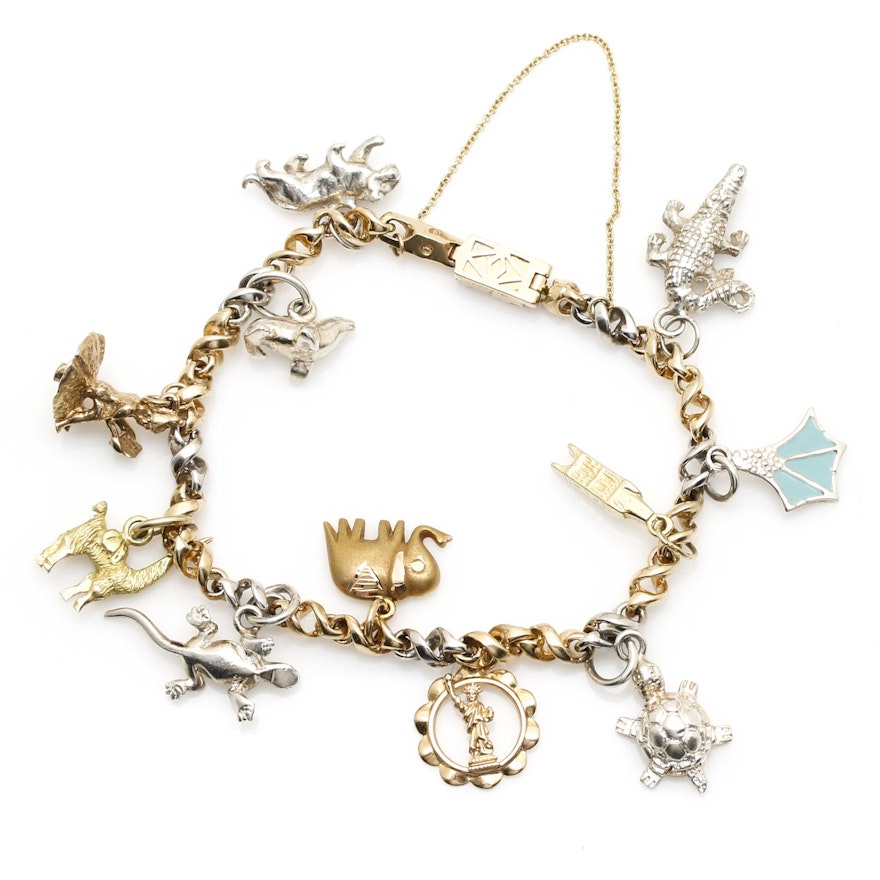 14K Two-Tone Gold Charm Bracelet With Mixed Metal Charms