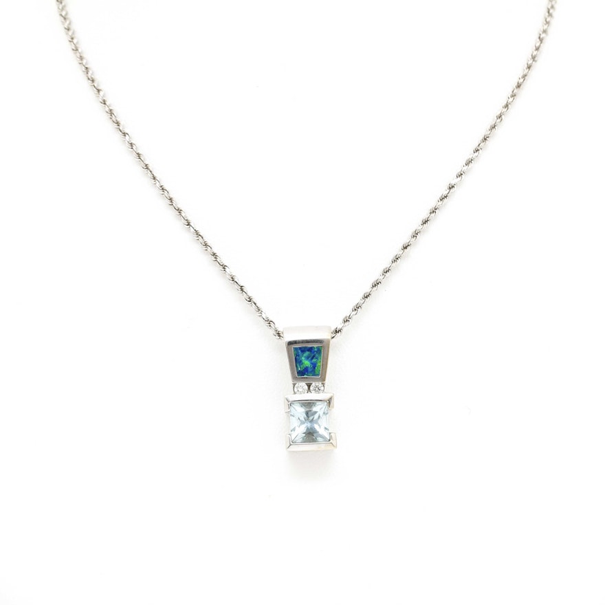 14K White Gold Aquamarine and Opal Inlay Pendant Necklace