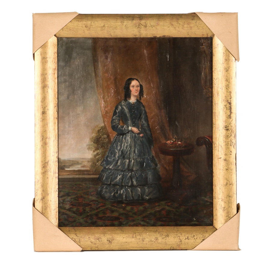 Mid 19th Century Raymond Wilks Attributed Oil on Canvas "Portrait of a Lady in a Interior"