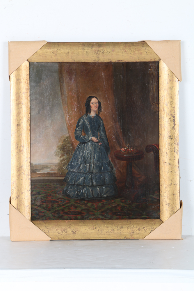 Mid 19th Century Raymond Wilks Attributed Oil on Canvas "Portrait of a Lady in a Interior"