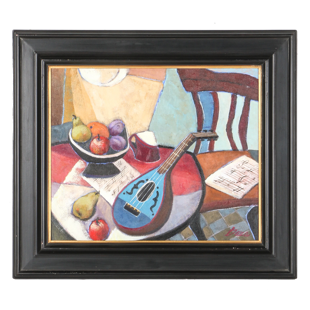 Ana Maria Deza Oil Painting on Canvas "Mandolin Still Life"