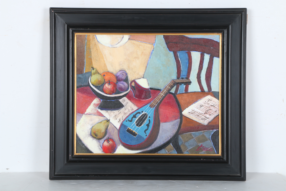 Ana Maria Deza Oil Painting on Canvas "Mandolin Still Life"