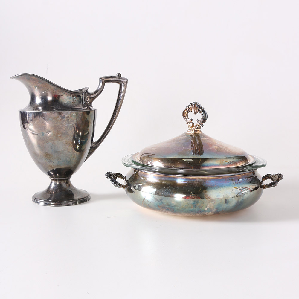 Wallace Bros Neoclassical Silver Plate Pitcher and F.B Rogers Tureen
