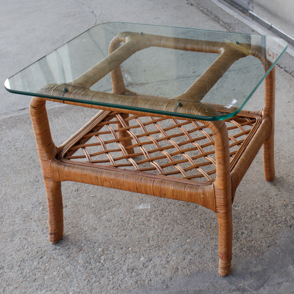Vintage Wicker and Glass Coffee and Side Table by Ficks Reed