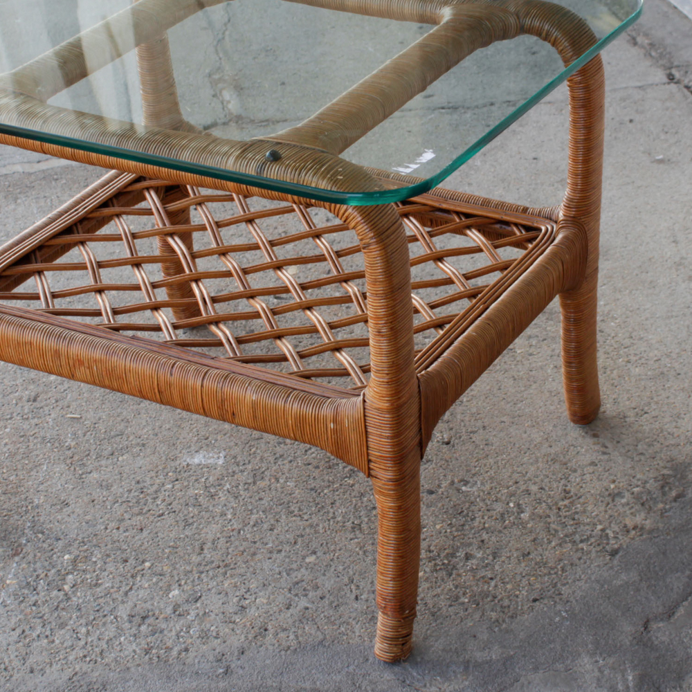Vintage Wicker and Glass Coffee and Side Table by Ficks Reed