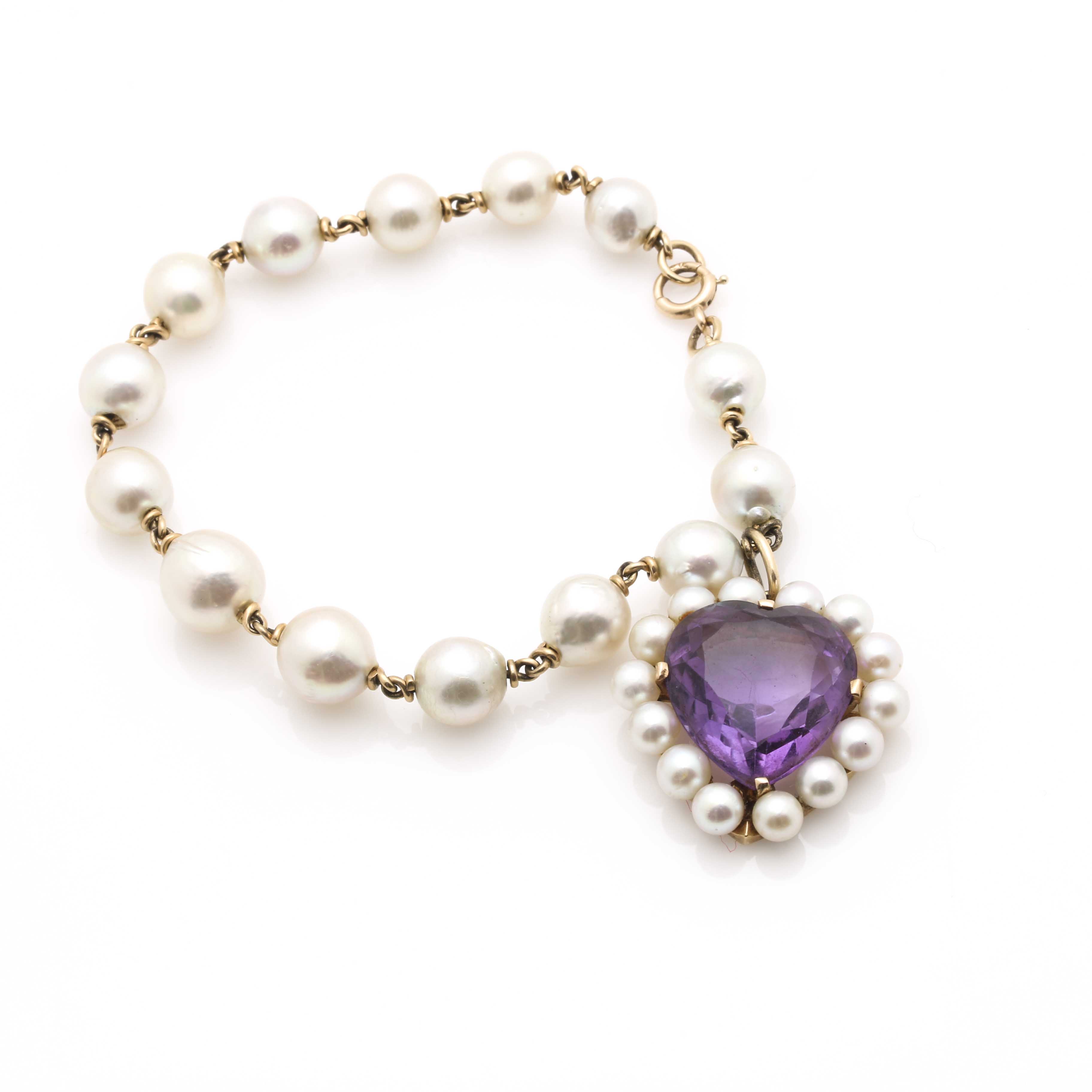 14K Yellow Gold Pearl Strand Bracelet With Amethyst and Pearl Heart Pendant