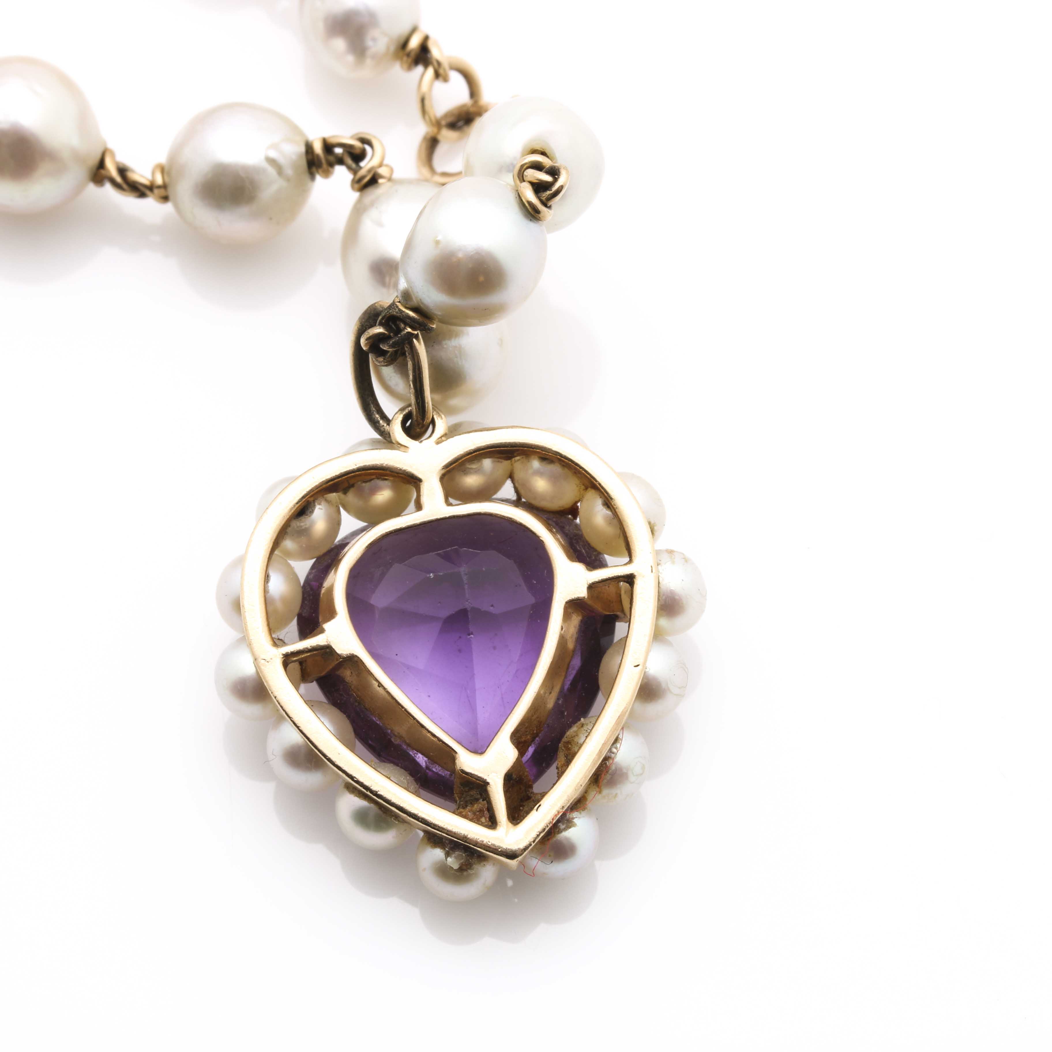 14K Yellow Gold Pearl Strand Bracelet With Amethyst and Pearl Heart Pendant