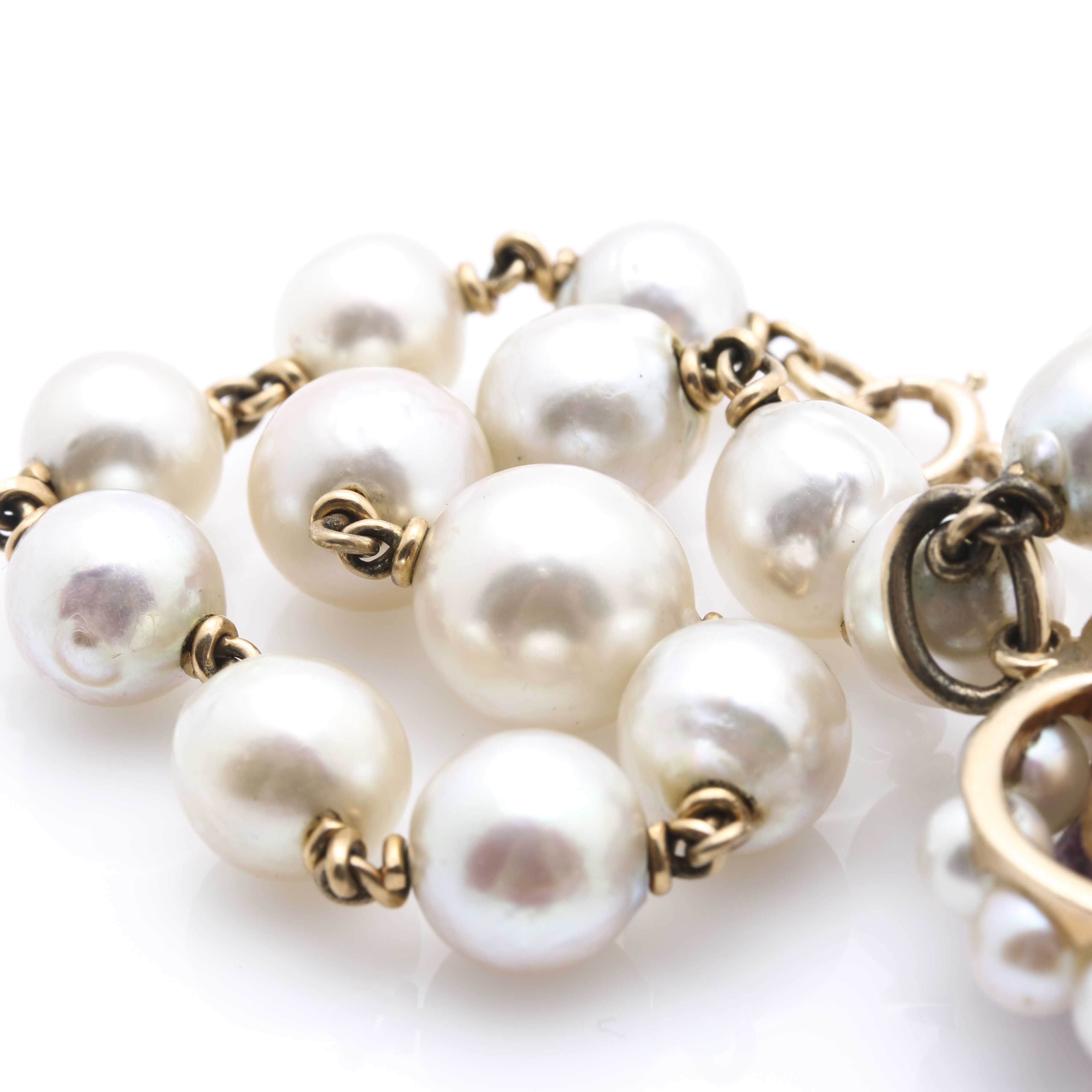 14K Yellow Gold Pearl Strand Bracelet With Amethyst and Pearl Heart Pendant